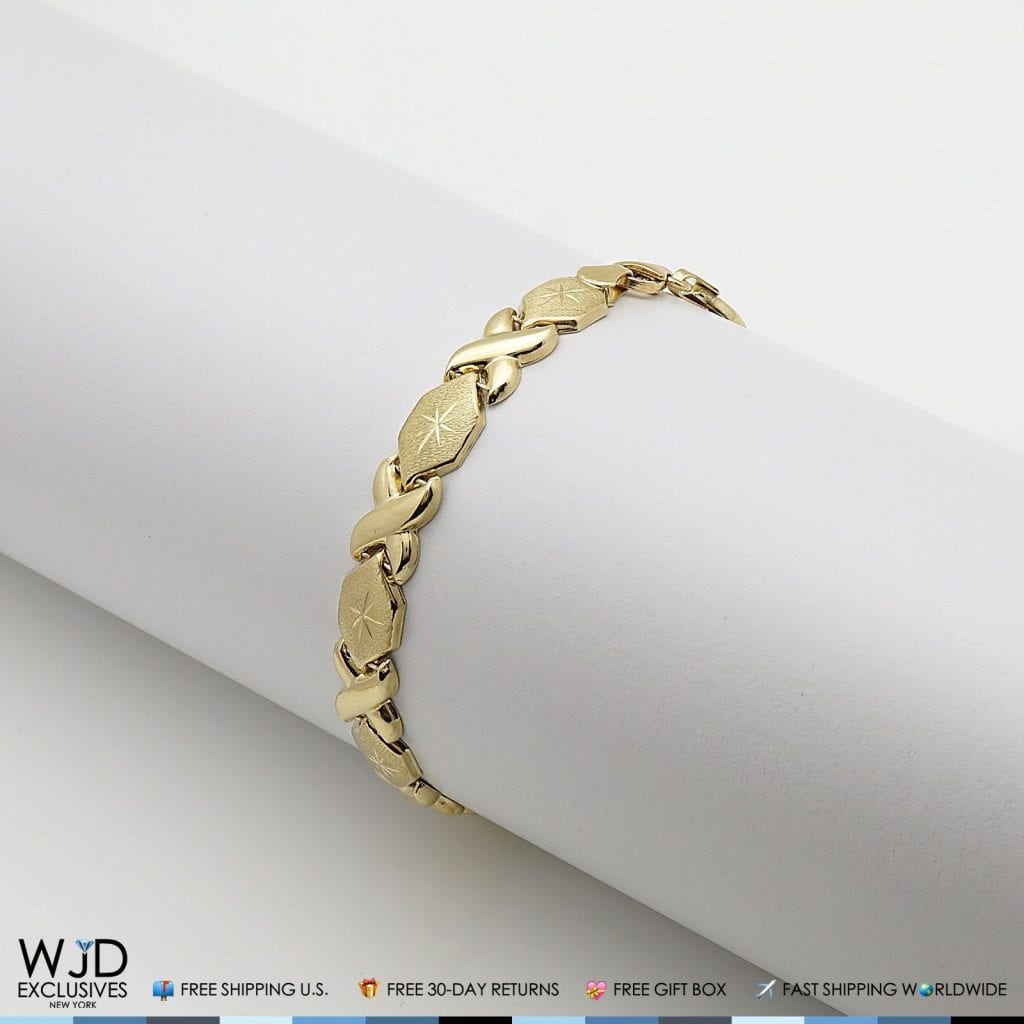 14k Gold Yellow 7mm Diamond-Cut Hugs & Kisses Love XO Bracelet 7", 8"