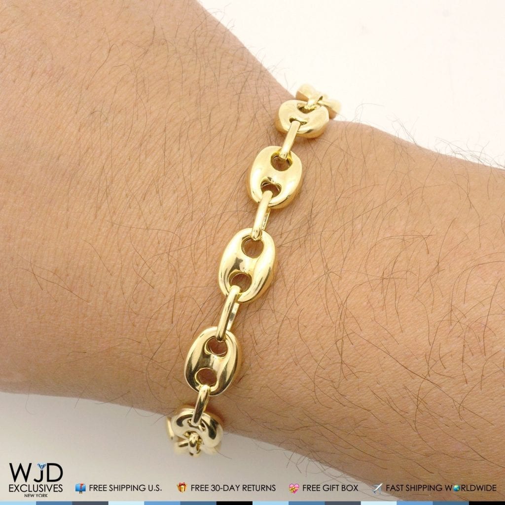 10K Gold Yellow Fancy Puffed Anchor Mariner Bracelet 9.2mm 8.2" Lobster Clasp