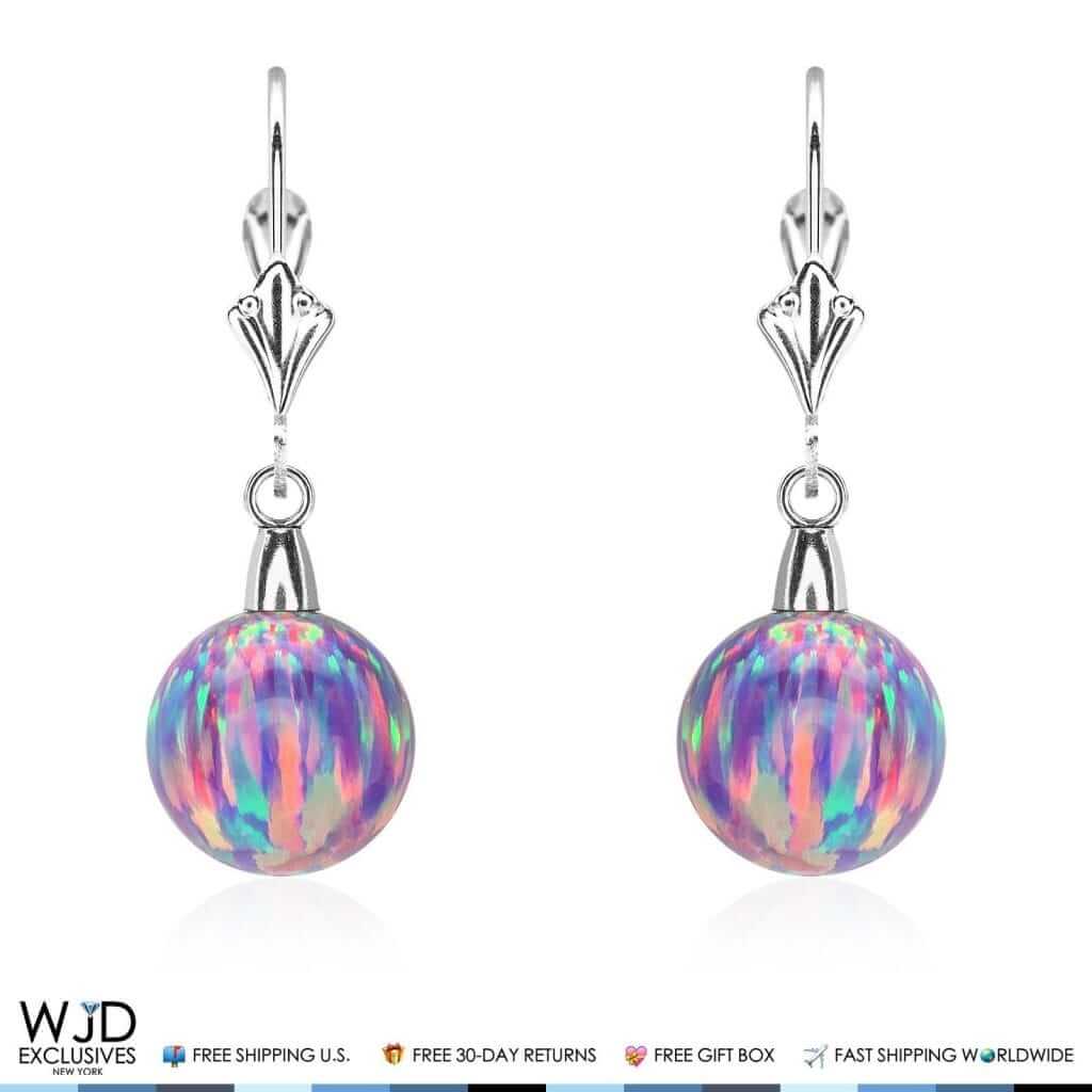 9mm Ball Shaped Purple Fire Opal Leverback Dangle Earrings 14K White Gold