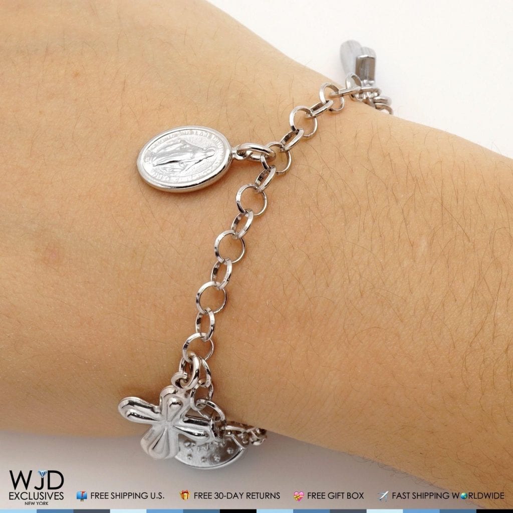 925 Sterling Silver Rolo Cross Virgin Mary Religious Charm Bracelet 8"