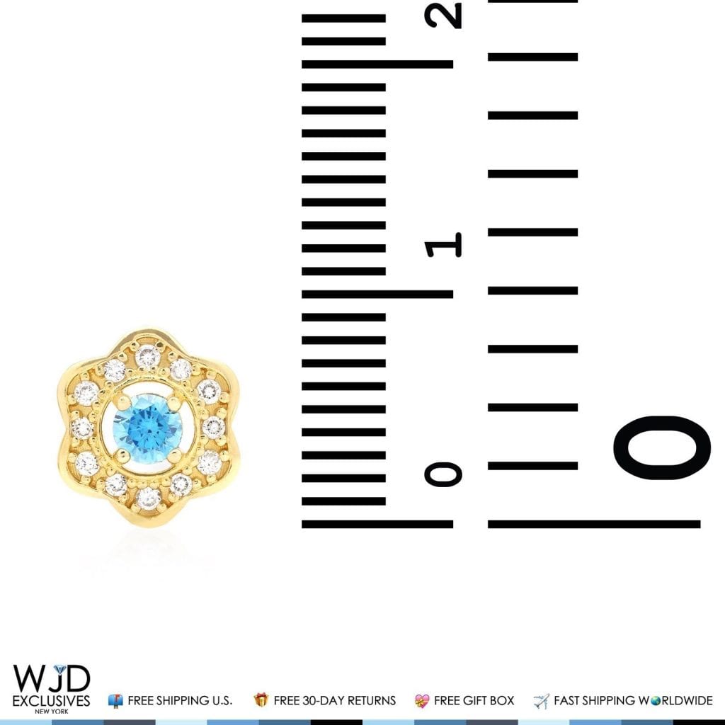 14k Yellow Gold CZ & Aquamarine Flower Cluster Stud Earrings
