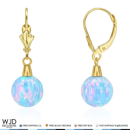 8mm Ball Shaped Blue Fire Opal Leverback Dangle Earrings 14K Yellow Gold