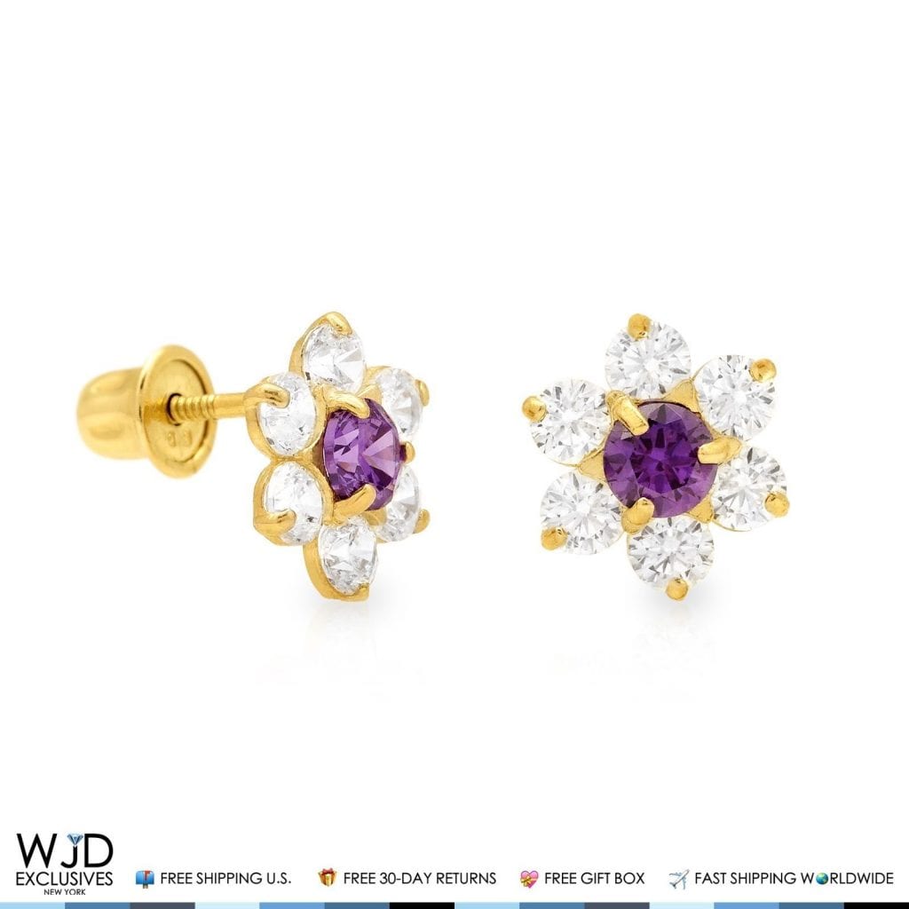 14k Yellow Gold 0.70Ct CZ & Birthstones Flower Stud Earrings 8mm