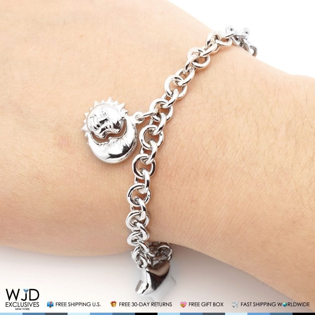 925 Sterling Silver Puffed Sun Moon Stars Rolo Charm Bracelet 6-8"