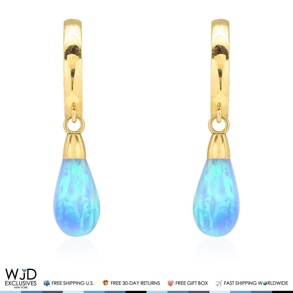 14K Yellow Gold Pear Shaped Sky Blue Fire Opal Huggie Hoop Dangle Earrings 1"