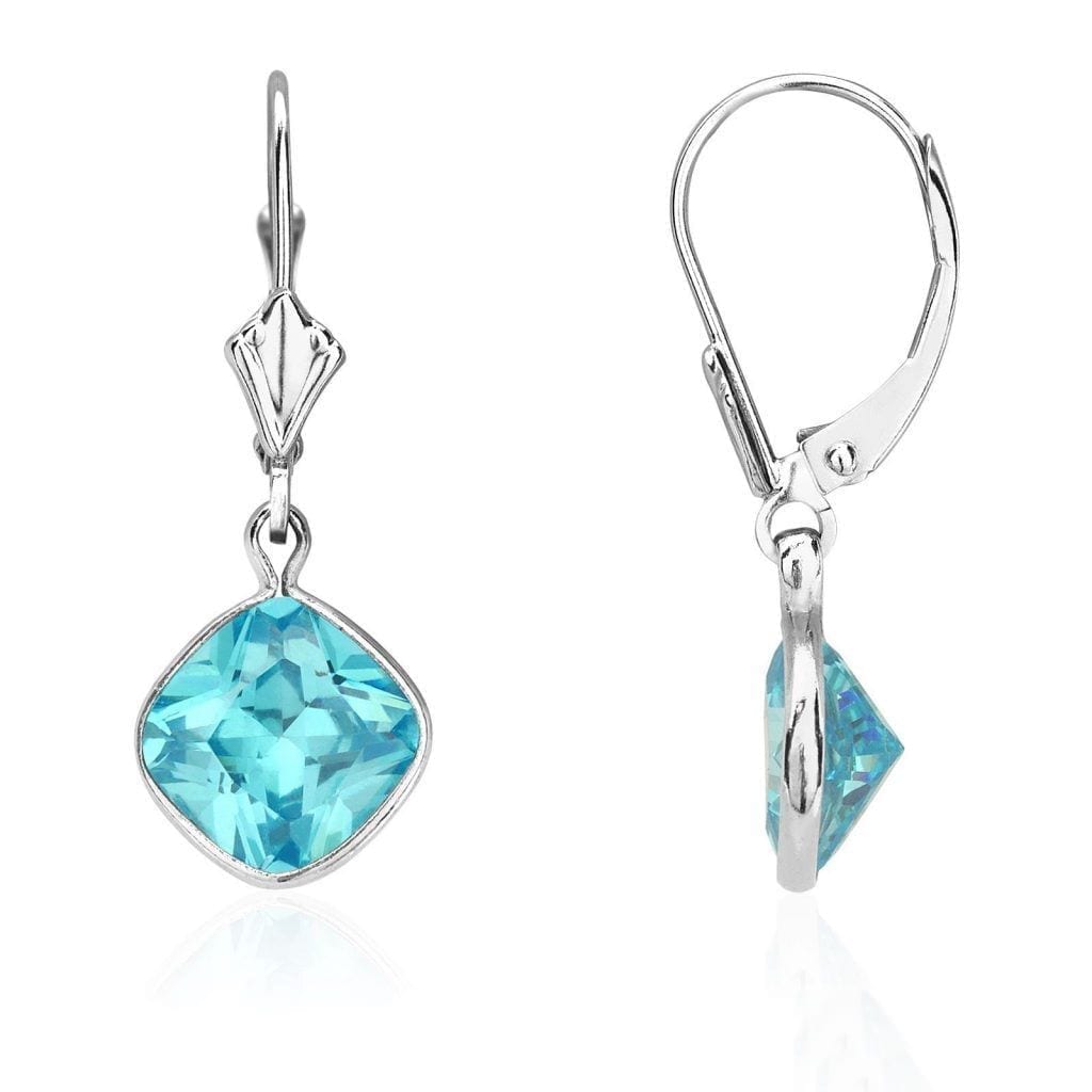 14k White Gold Square Bezel Simulated Birthstone Drop Leverback Earrings