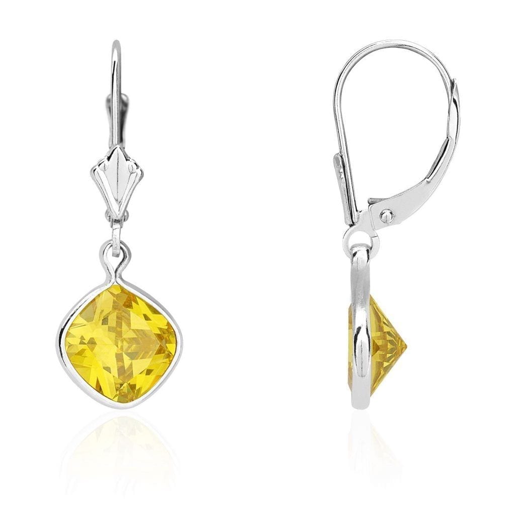 14k White Gold Square Bezel Simulated Birthstone Drop Leverback Earrings