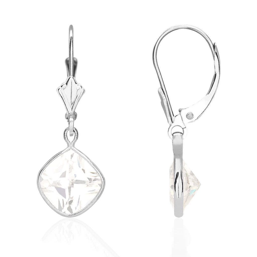 14k White Gold Square Bezel Simulated Birthstone Drop Leverback Earrings