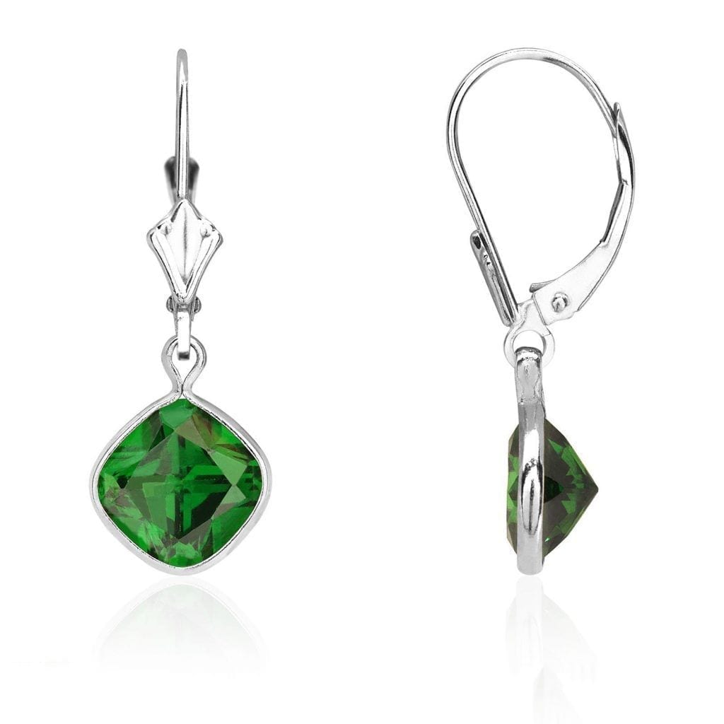 14k White Gold Square Bezel Simulated Birthstone Drop Leverback Earrings