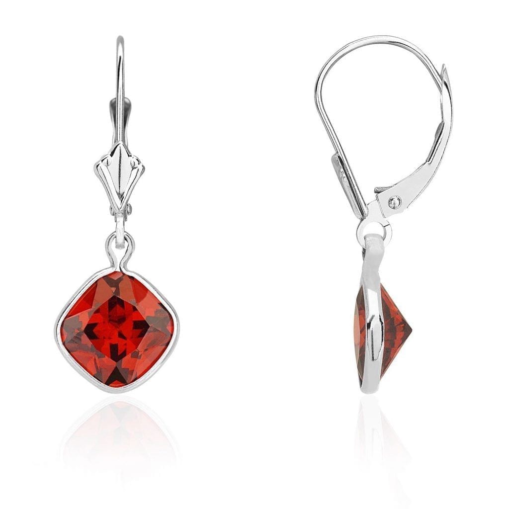 14k White Gold Square Bezel Simulated Birthstone Drop Leverback Earrings