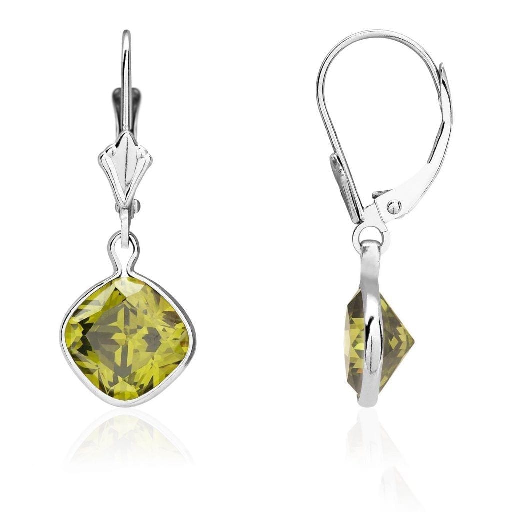 14k White Gold Square Bezel Simulated Birthstone Drop Leverback Earrings
