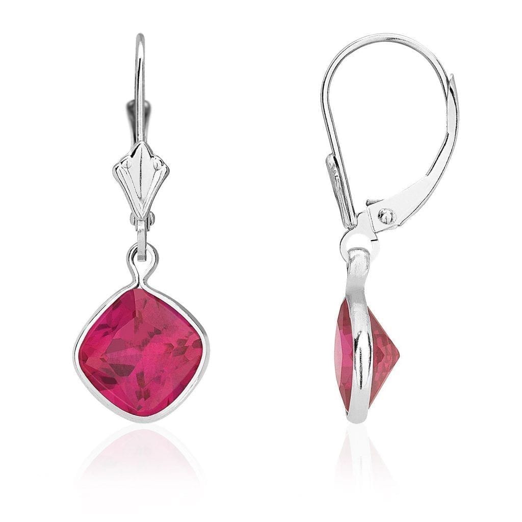 14k White Gold Square Bezel Simulated Birthstone Drop Leverback Earrings