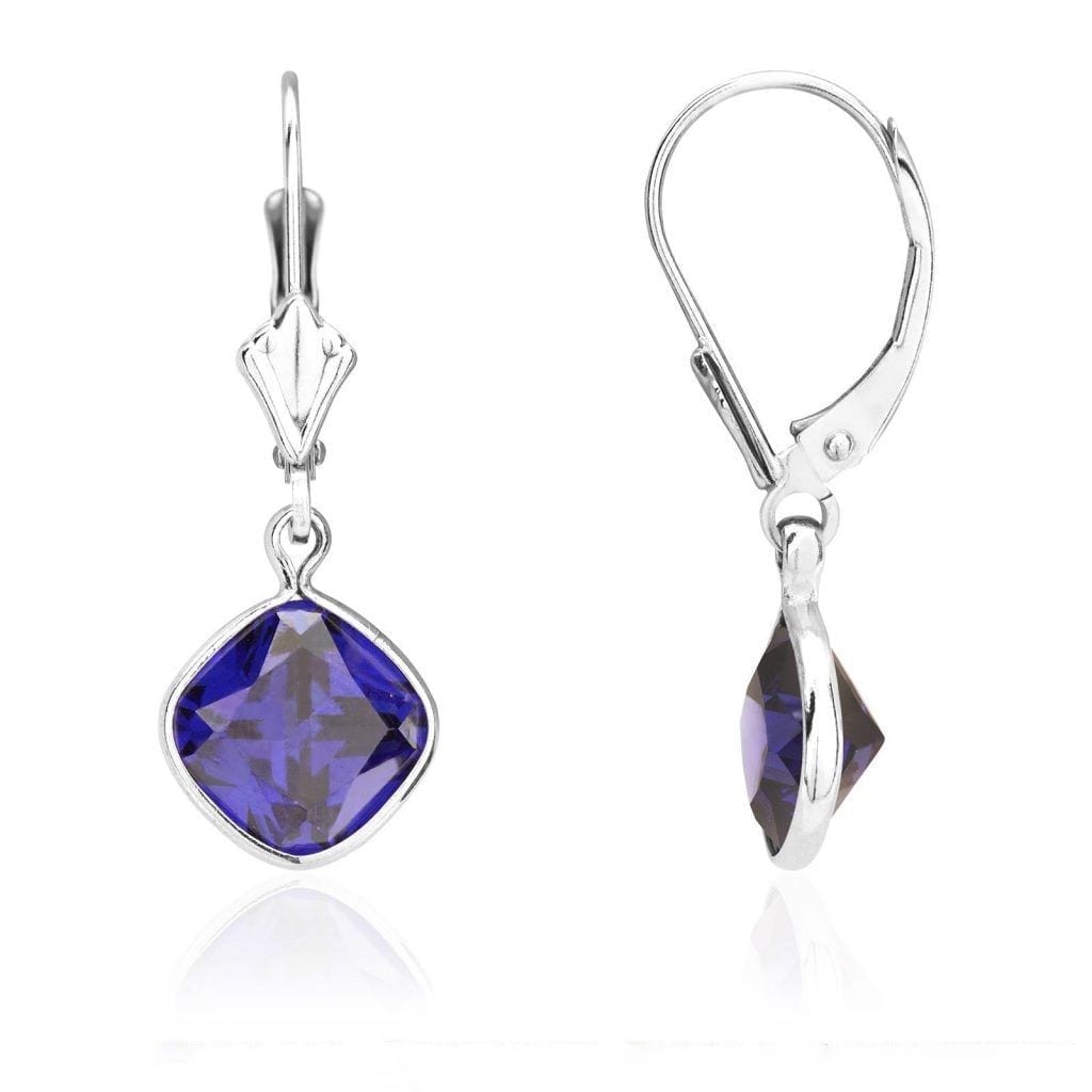 14k White Gold Square Bezel Simulated Birthstone Drop Leverback Earrings