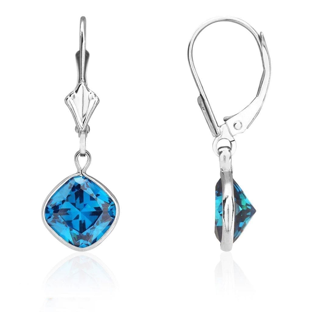 14k White Gold Square Bezel Simulated Birthstone Drop Leverback Earrings