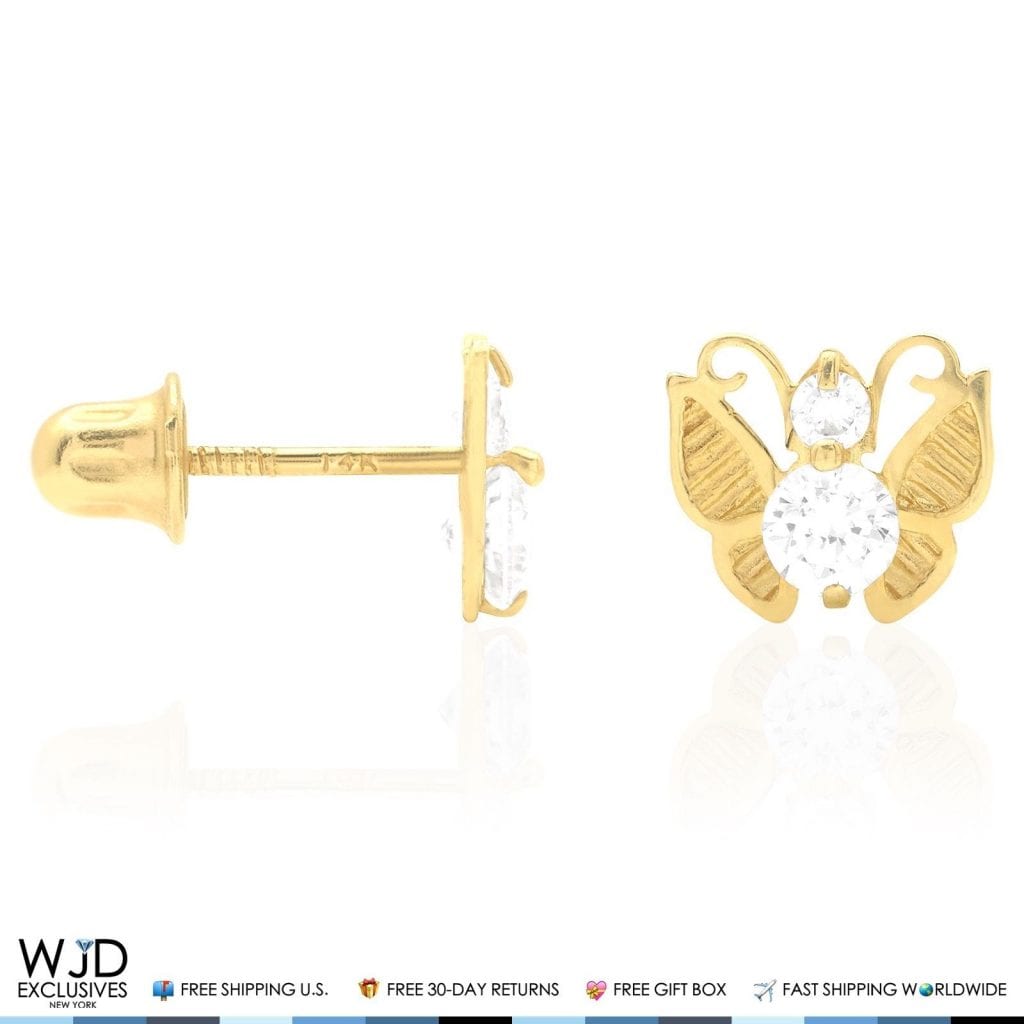 14K Yellow Gold Simulated Birthstone Butterfly Screw Back Stud Earrings