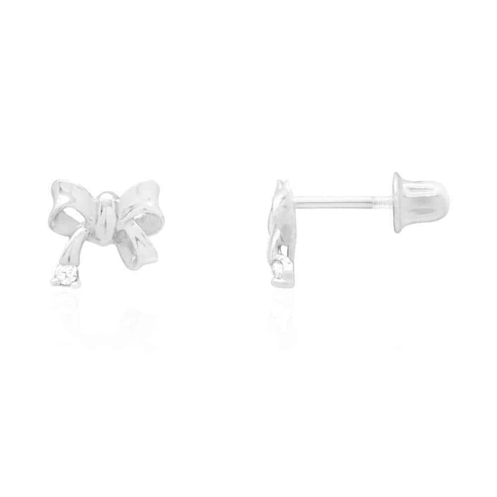 14k Yellow & White Gold Round White Zircon Bow Tie Screwback Stud Kid Earrings