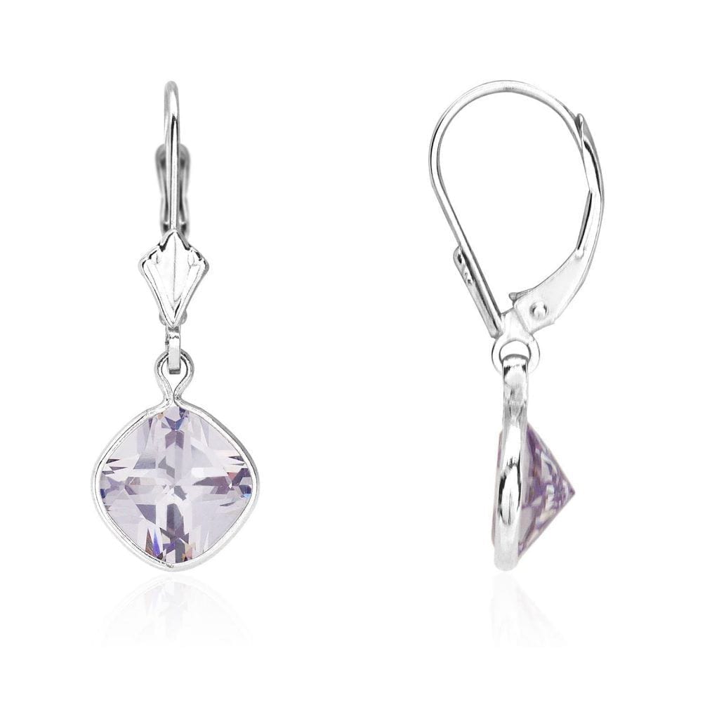 14k White Gold Square Bezel Simulated Birthstone Drop Leverback Earrings