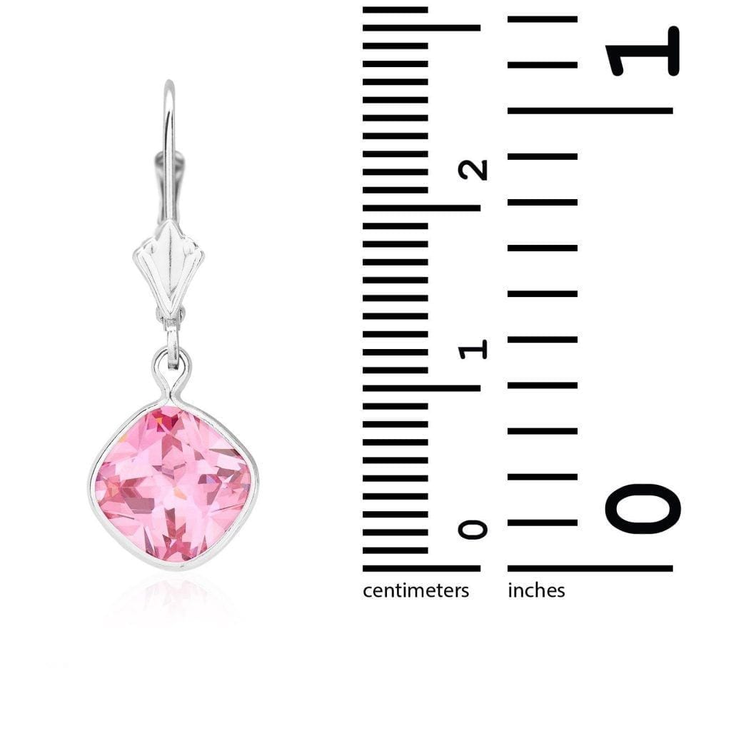 14k White Gold Square Bezel Simulated Birthstone Drop Leverback Earrings