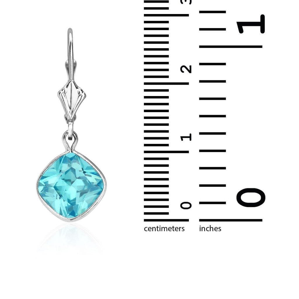 14k White Gold Square Bezel Simulated Birthstone Drop Leverback Earrings