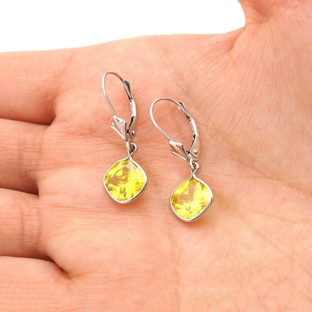 14k White Gold Square Bezel Simulated Birthstone Drop Leverback Earrings