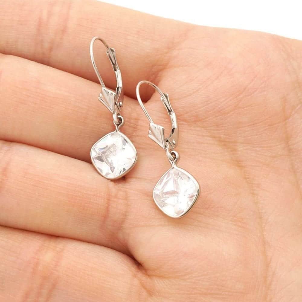 14k White Gold Square Bezel Simulated Birthstone Drop Leverback Earrings