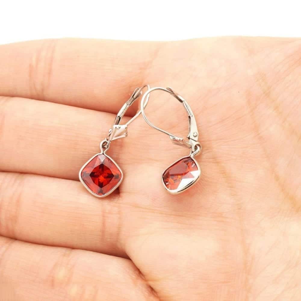 14k White Gold Square Bezel Simulated Birthstone Drop Leverback Earrings