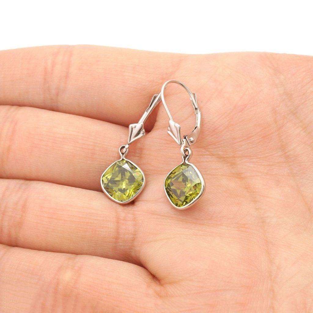 14k White Gold Square Bezel Simulated Birthstone Drop Leverback Earrings