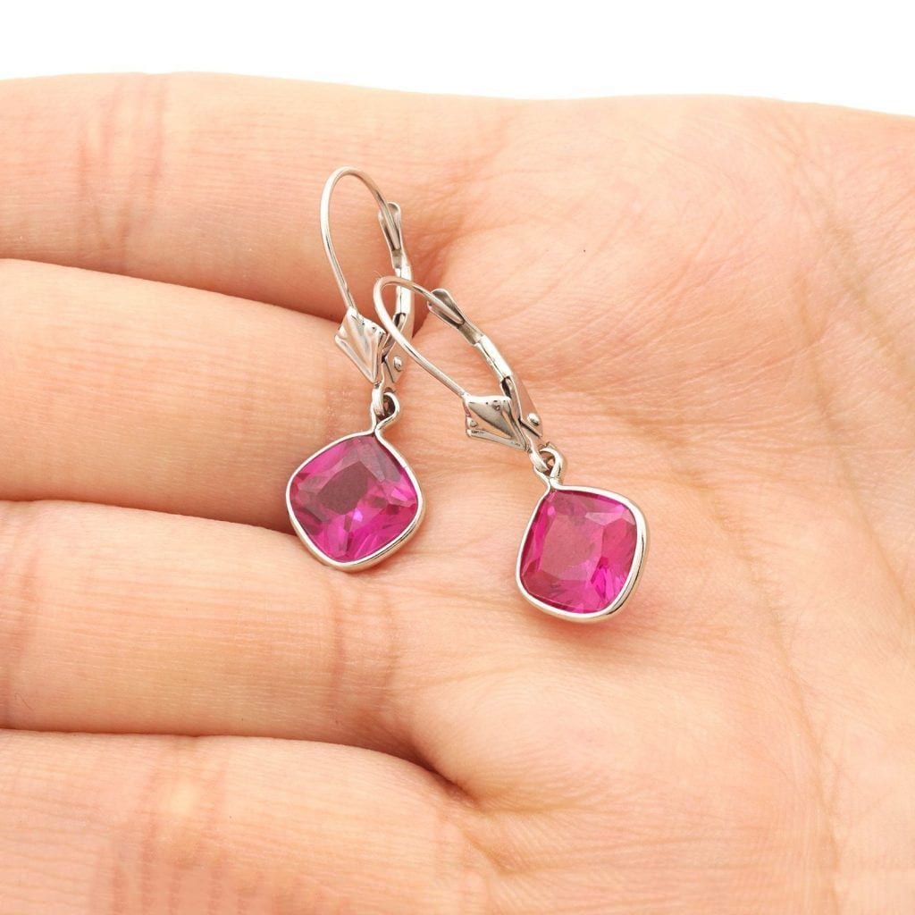 14k White Gold Square Bezel Simulated Birthstone Drop Leverback Earrings