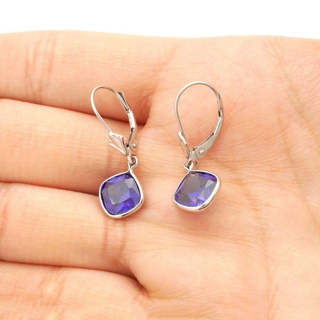 14k White Gold Square Bezel Simulated Birthstone Drop Leverback Earrings