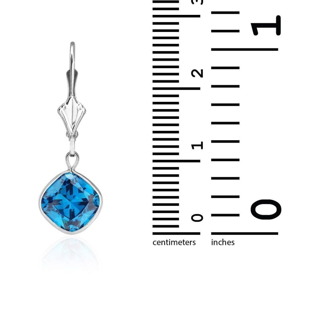 14k White Gold Square Bezel Simulated Birthstone Drop Leverback Earrings