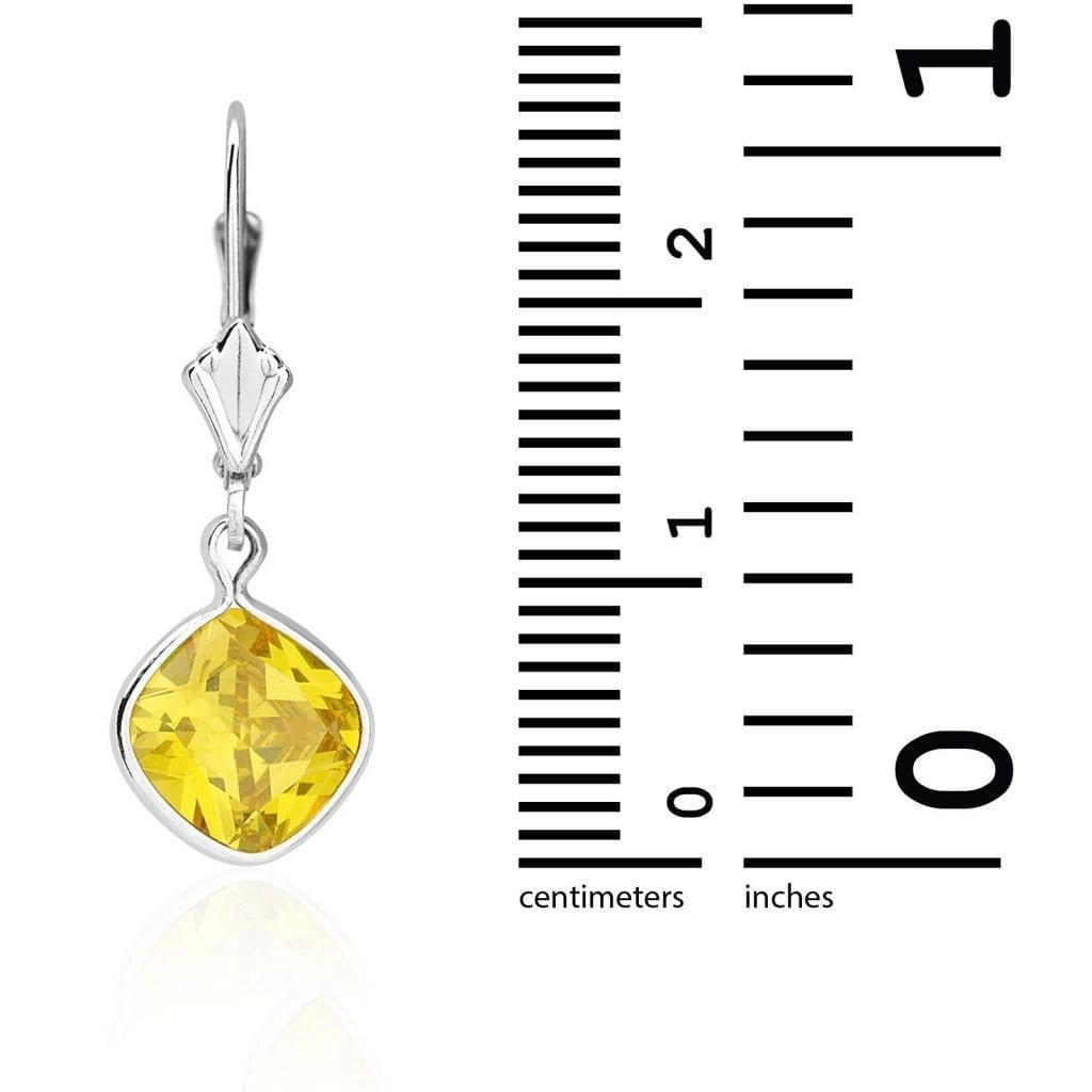 14k White Gold Square Bezel Simulated Birthstone Drop Leverback Earrings