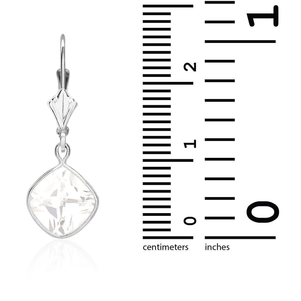 14k White Gold Square Bezel Simulated Birthstone Drop Leverback Earrings