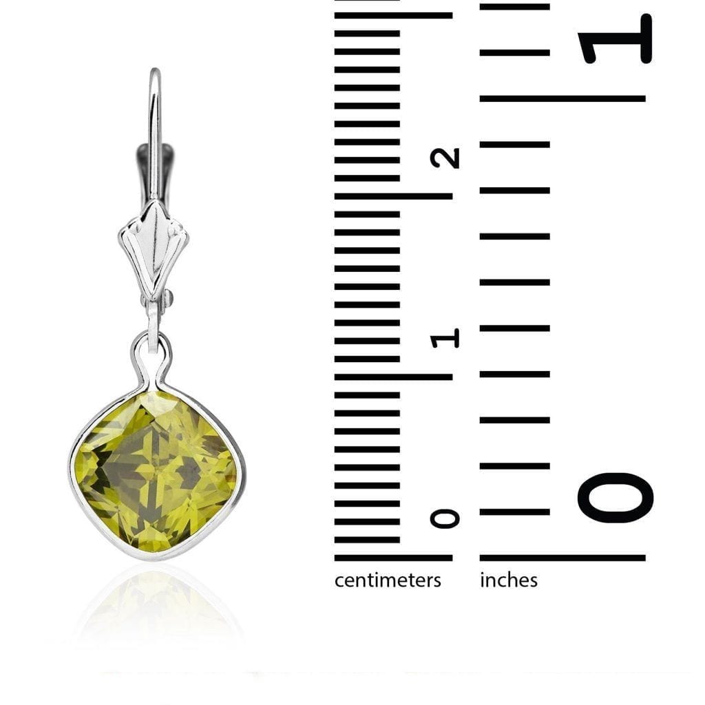 14k White Gold Square Bezel Simulated Birthstone Drop Leverback Earrings