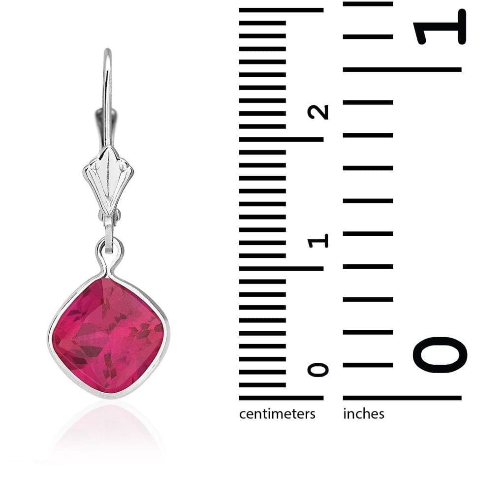 14k White Gold Square Bezel Simulated Birthstone Drop Leverback Earrings