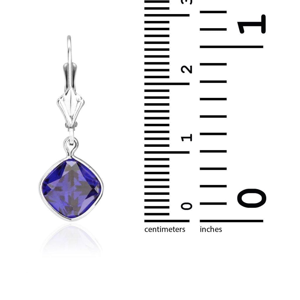 14k White Gold Square Bezel Simulated Birthstone Drop Leverback Earrings