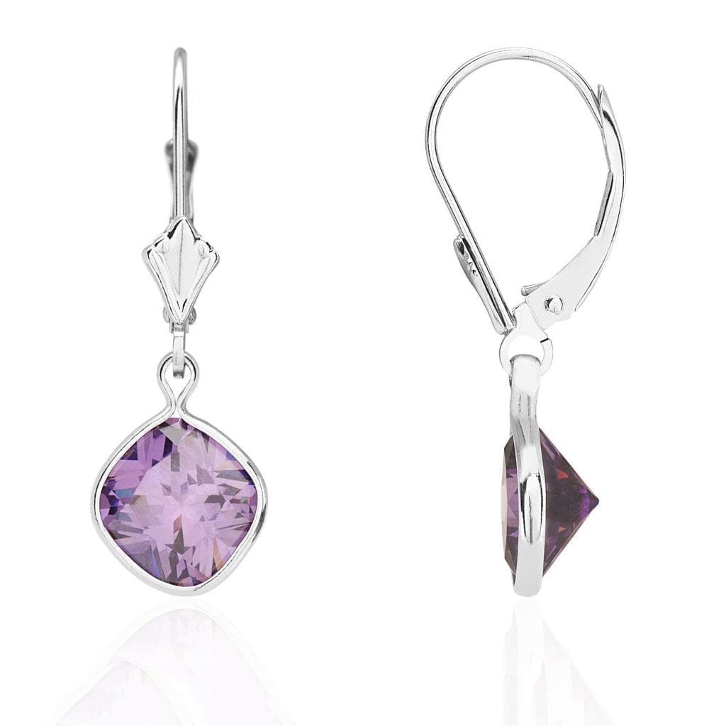14k White Gold Square Bezel Simulated Birthstone Drop Leverback Earrings