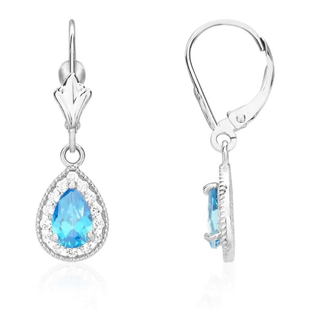 14K White Gold SimulatedBirthstone Halo Teardrop Leverback Earrings