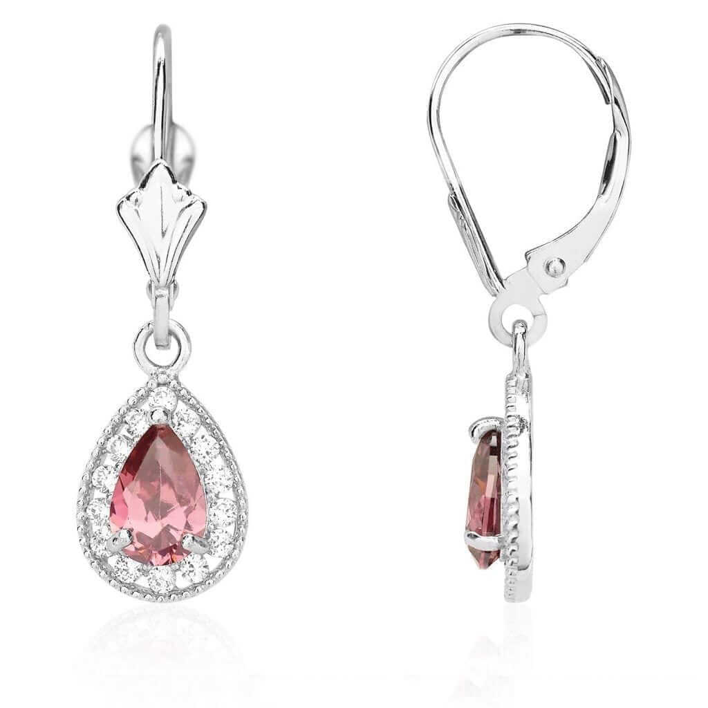 14K White Gold SimulatedBirthstone Halo Teardrop Leverback Earrings