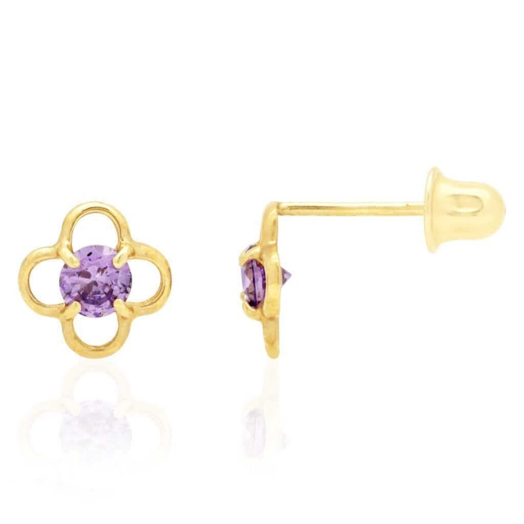 14k Yellow Gold Round Birthstone Quatrefoil Stud Screw Back Earrings