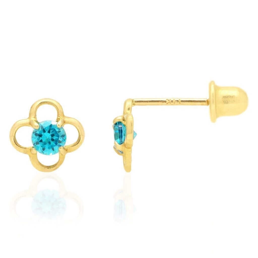 14k Yellow Gold Round Birthstone Quatrefoil Stud Screw Back Earrings