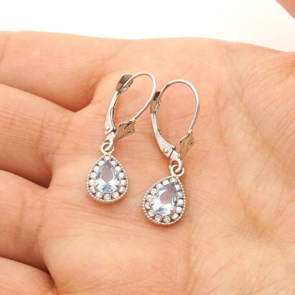14K White Gold SimulatedBirthstone Halo Teardrop Leverback Earrings