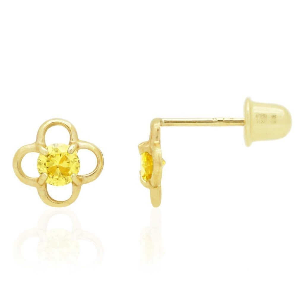 14k Yellow Gold Round Birthstone Quatrefoil Stud Screw Back Earrings