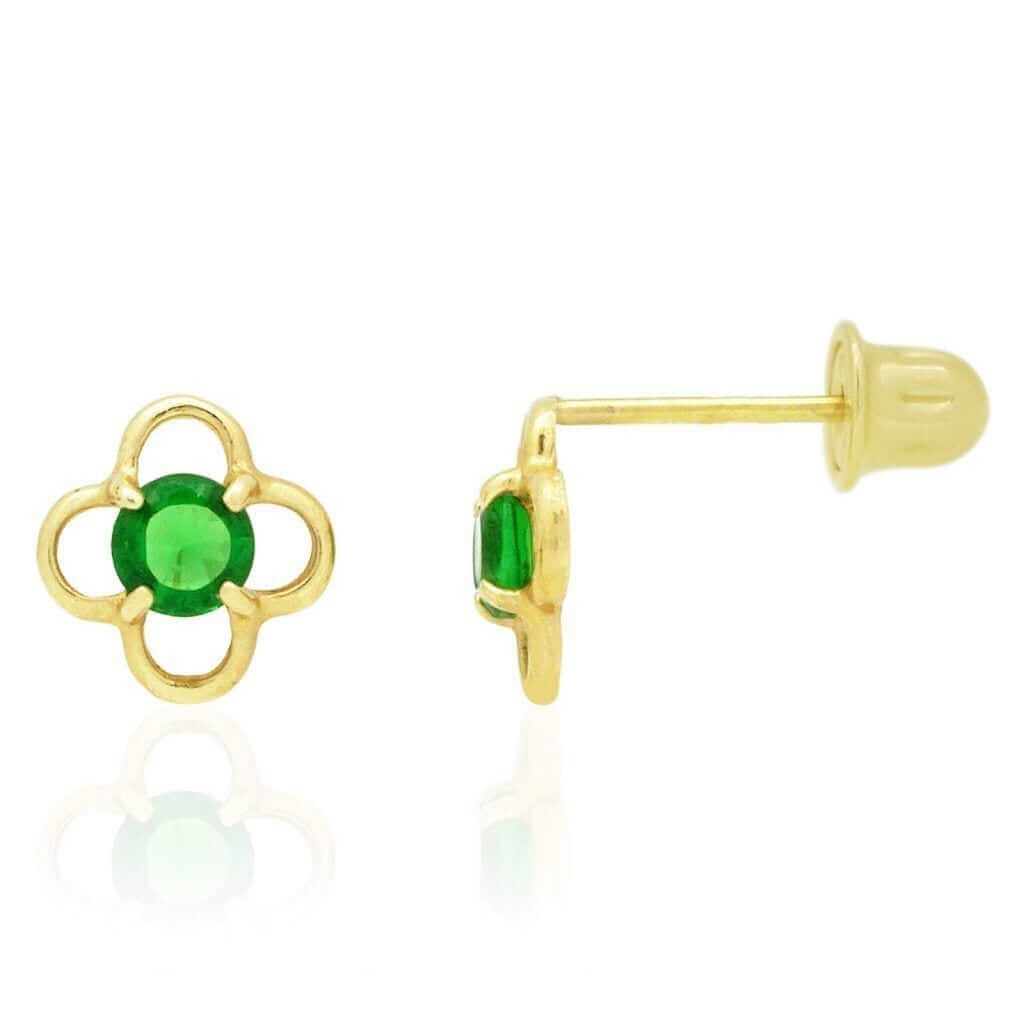 14k Yellow Gold Round Birthstone Quatrefoil Stud Screw Back Earrings