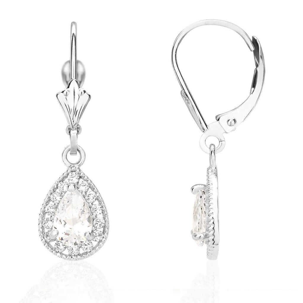 14K White Gold SimulatedBirthstone Halo Teardrop Leverback Earrings