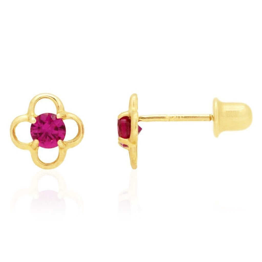 14k Yellow Gold Round Birthstone Quatrefoil Stud Screw Back Earrings