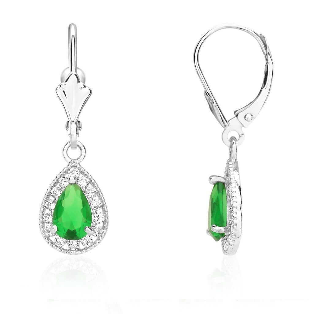 14K White Gold SimulatedBirthstone Halo Teardrop Leverback Earrings