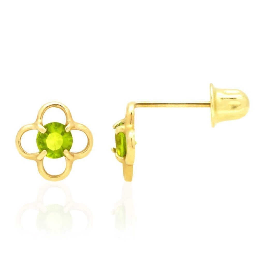 14k Yellow Gold Round Birthstone Quatrefoil Stud Screw Back Earrings