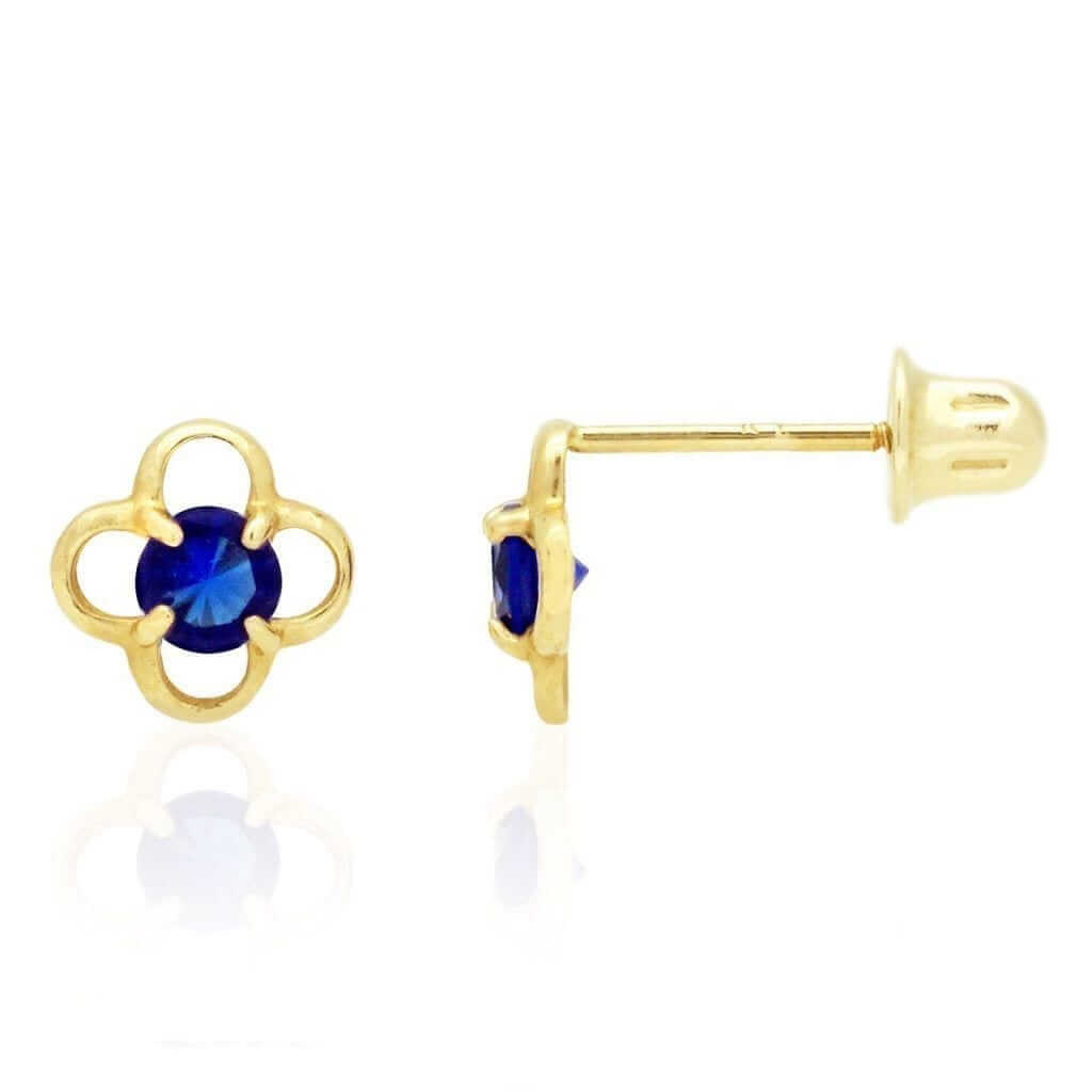14k Yellow Gold Round Birthstone Quatrefoil Stud Screw Back Earrings