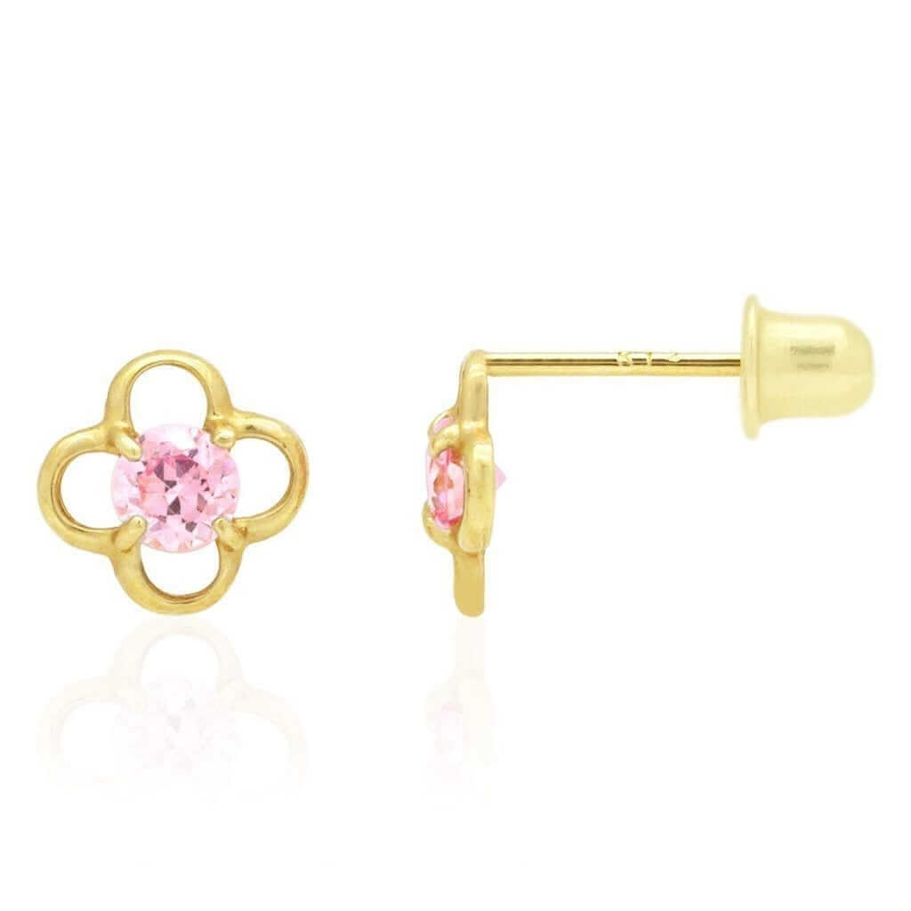 14k Yellow Gold Round Birthstone Quatrefoil Stud Screw Back Earrings