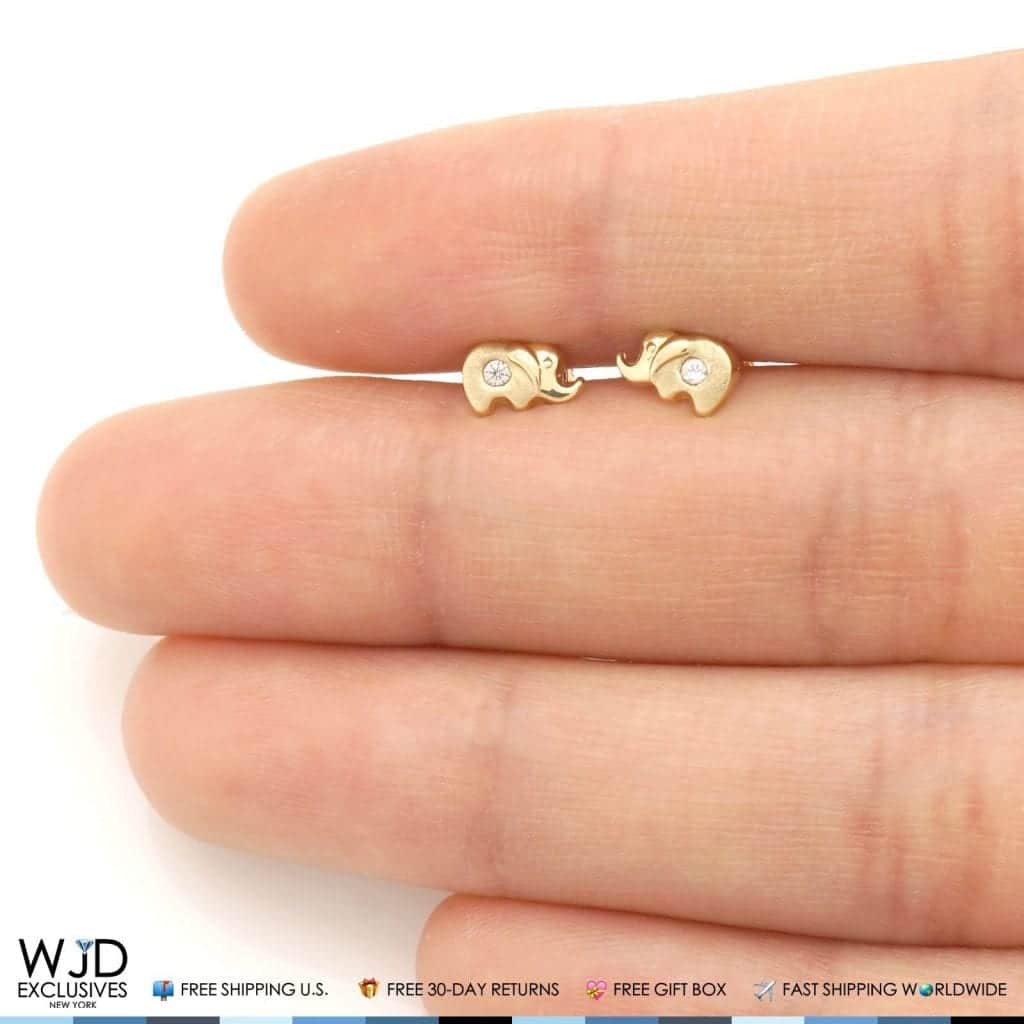 14K Solid Yellow Gold White Zircon Elephant Baby Screwback Stud Kid Earrings